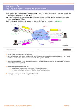 5 Annex 24
The Gb interface - Frame Relay overview
User connected to the frame relay network through a “synchronous access line”Based on
semi-permanent connection, PVC
A PVC is identified on each end by a local connection identity : DLCI possible control of
data loss (use of CRC)
User to network signaling is carried by a specific PVC tagged with the DLCI 0
access line
PVC 3
DLC
Im

DLCIp
DLCIm

DLCI=0 (Sig)

DLCIp

Frame Relay

DLCIb

DLCIb
DLCIa

PVC 2
PVC 1
access line

Introduction to GPRS/EGPRS

112
All rights reserved © 2004, Alcatel

w Access Line = any synchronous line would do.
w On a FR access line, there can be a large number of PVCs (Permanent Virtual Circuits), identified each by a DLCI, (Data
Link Connection Identifier), different on each side + a PVC for signaling (DLCI=0).
w Data Loss: all frames have a CRC field used to determine if the data (payload) is correct or not. The network discards any
frame with an erroneous payload.
w user-to-network signaling is to check the
local availability of the FR link ("Link Integrity Verification” procedure)
end-to-end availability of each user's PVC ("Full Status Report" procedure)
w Security (redundancy): the user to the right has 2 access lines.

© Alcatel University – 3FL10472ACAAWBZZA Ed.02

Page 112

 