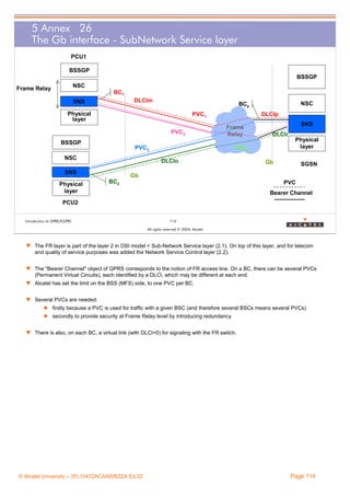 5 Annex 26
The Gb interface - SubNetwork Service layer
PCU1
BSSGP
BSSGP
NSC

Frame Relay

BC1
DLCIm

SNS
Physical
layer

PVC1
PVC2

BSSGP

Frame
Relay

SNS
DLCIr

PVC4
DLCIo

SNS
Physical
layer

DLCIp

PVC3

NSC

NSC

BCa

Physical
layer

Gb

SGSN

Gb
BC4

PVC
Bearer Channel

PCU2
Introduction to GPRS/EGPRS

114
All rights reserved © 2004, Alcatel

w The FR layer is part of the layer 2 in OSI model = Sub-Network Service layer (2.1). On top of this layer, and for telecom
and quality of service purposes was added the Network Service Control layer (2.2).
w The "Bearer Channel" object of GPRS corresponds to the notion of FR access line. On a BC, there can be several PVCs
(Permanent Virtual Circuits), each identified by a DLCI, which may be different at each end.
w Alcatel has set the limit on the BSS (MFS) side, to one PVC per BC.
w Several PVCs are needed:
firstly because a PVC is used for traffic with a given BSC (and therefore several BSCs means several PVCs)
secondly to provide security at Frame Relay level by introducing redundancy
w There is also, on each BC, a virtual link (with DLCI=0) for signaling with the FR switch.

© Alcatel University – 3FL10472ACAAWBZZA Ed.02

Page 114

 