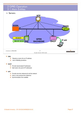 2 GPRS Operation
2.1 Main Entities
> Servers
NTP

SGSN

GGSN

Alcatel.fr
256.167.123.34

DNS

GPRS
BACKBONE

DHCP

IP add

27

Introduction to GPRS/EGPRS

All rights reserved © 2004, Alcatel

w DNS
Resolve a name into an IP address
Use in Mobility procedure
w DHCP
Provide dynamically IP addresses
Split Users into pool of IP addresses
w NTP
Provide one time reference for all the network
Have a very precise time reference
Synchronization from satellite

© Alcatel University – 3FL10472ACAAWBZZA Ed.02

Page 27

 