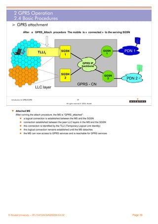 2 GPRS Operation
2.4 Basic Procedures
> GPRS attachment
After a GPRS_Attach procedure The mobile is « connected » to the serving SGSN

TLLI1

GGSN
1

SGSN
1

PDN 1

GPRS IP
backbone

SGSN
2

LLC layer

Introduction to GPRS/EGPRS

GGSN
2

PDN 2

GPRS - CN

39
All rights reserved © 2004, Alcatel

w Attached MS
After running the attach procedure, the MS is “GPRS_attached”:
a logical connection is established between the MS and the SGSN
connection established between the peer LLC layers in the MS and the SGSN
this connection is identified by the TLLI (Temporary Logical Link Identity)
this logical connection remains established until the MS detaches
the MS can now access to GPRS services and is reachable for GPRS services

© Alcatel University – 3FL10472ACAAWBZZA Ed.02

Page 39

 