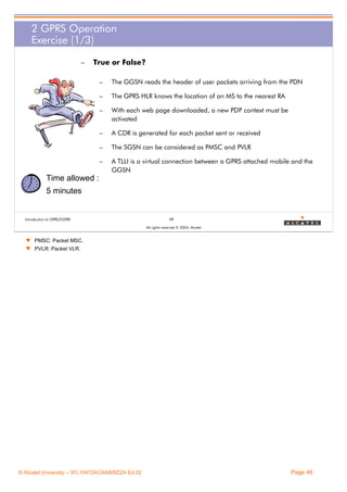 2 GPRS Operation
Exercise (1/3)
–

True or False?
–

The GGSN reads the header of user packets arriving from the PDN

–

The GPRS HLR knows the location of an MS to the nearest RA

–

With each web page downloaded, a new PDP context must be
activated

–

A CDR is generated for each packet sent or received

–

The SGSN can be considered as PMSC and PVLR

–

A TLLI is a virtual connection between a GPRS attached mobile and the
GGSN

Time allowed :
5 minutes

Introduction to GPRS/EGPRS

48
All rights reserved © 2004, Alcatel

w PMSC: Packet MSC.
w PVLR: Packet VLR.

© Alcatel University – 3FL10472ACAAWBZZA Ed.02

Page 48

 