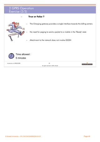2 GPRS Operation
Exercise (2/3)
–

True or False ?
–

The Charging gateway provides a single interface towards the billing centers

–

No need for paging to send a packet to a mobile in the "Ready" state

–

Attachment to the network does not involve GGSN

Time allowed :
5 minutes
Introduction to GPRS/EGPRS

49
All rights reserved © 2004, Alcatel

© Alcatel University – 3FL10472ACAAWBZZA Ed.02

Page 49

 