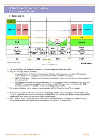 3 The Base Station Subsystem
3.3 Layered Model
> User plane
IP

SNDCP

SM

GMM SM

GMM

LLC

SNDCP

LLC
PCU

RLC
RLC

MS

Frame
relay

Frame
relay

L2-GCH
L1-GCH

Physical
layer

Physical
layer

relay
Physical L2-GCH
layer
L1-GCH

Um

BTS

Introduction to GPRS/EGPRS

BSSGP

BSS
GP

MAC

MAC
Physical
layer

relay

Abis/Ater

MFS

Gb

SGSN

56
All rights reserved © 2004, Alcatel

w For GPRS TRAFFIC, the BSS simply relays the LLC frames between the MS and the SGSN.
w BSSGP = BSS Gprs Protocol. Functions:
to relay LLC frame over the Gb, with no guarantee of integrity (relaying user data and GMM / SM messages :
session, RA_update and paging procedures). Conceals the FR layers for the LLC layer.
SGSN-MFS signaling = management of Gb interface objects (flush, paging, resume suspend, LLC-discarded and
other procedures).
cell-SGSN traffic management (identified by BssgpVCs): in particular cell update management (in the same RA):
the BSSGP header always indicates the current cell so if a "ready" MS moves into a new cell, then the SGSN
stores this new cell and sends all the unacknowledged LLC_PDUs to it (DL).
w The concept of handover has no meaning in packet switching (GPRS). There is no "circuit" to re-establish!
w RLC = Radio Link Control. (Provides a safe link for transporting LLC-PDUs in acknowledged or unacknowledged mode,
LLC-PDU segmentation into blocks and reassembly, management of TBF contexts. RLC depends on the physical bearer:
data encoding, error control and flow control suited to GSM channels.
w MAC = Medium Access Control. Multiplexing of RLC frames onto PDCH (transfer of blocks over the different PDCHi).
Including traffic sharing over several TSs or, conversely, the use of one TS for several users.

© Alcatel University – 3FL10472ACAAWBZZA Ed.02

Page 56

 