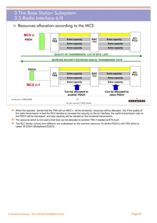3 The Base Station Subsystem
3.5 Radio Interface 6/8
> Resources allocation according to the MCS
MCS n
PDCH

BTS

TRX

Extra capacity

BSC

Extra capacity

relay

Extra capacity

Extra capacity

Extra capacity

MFS

PCU

Extra capacity

QUALITY OF TRANSMISSION LOT OF BITS LOST
INCREASE SECURITY DECREASE USEFUL TRANSMISSION RATE

PDCH
BTS

TRX

Extra capacity

BSC

Extra capacity

relay

Extra capacity

Extra capacity

Extra capacity

MFS

PCU

Extra capacity

MCS n-1
Can be allocated to
another PDCH
Introduction to GPRS/EGPRS

Can be allocated to
other PDCH

65
All rights reserved © 2004, Alcatel

w When the operator decide that the TRX will run MCS n all the terrestrial resources will be allocated , but if the quality of
the radio transmission is bad the PCU decides to increase the security on the air interface, the useful transmission rate on
the PDCH will be decreased and less capacity will be needed on the terrestrial transmission .
w The resource which is not used a that time can be allocated to another TRX if needed at BTS level
w The RLC blocks coming from different are multiplexed on the common resource for all the PDCH in the TRX which is
called M EGCH (Multiplexed EGCH)

© Alcatel University – 3FL10472ACAAWBZZA Ed.02

Page 65

 