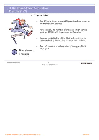 3 The Base Station Subsystem
Exercise (1/2)
–

True or False?
–

–

For each cell, the number of channels which can be
used for GPRS traffic is operator-configurable

–

If a user packet is lost at the Gb interface, it can be
recovered using frame relay protocol mechanisms

–

Time allowed :

The SGSN is linked to the BSS by an interface based on
the Frame Relay protocol

The LLC protocol is independent of the type of BSS
employed

5 minutes

Introduction to GPRS/EGPRS

68
All rights reserved © 2004, Alcatel

© Alcatel University – 3FL10472ACAAWBZZA Ed.02

Page 68

 