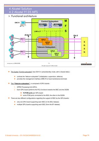 4 Alcatel Solution
4.2 Alcatel 9135 MFS
> Functional architecture
Control Subsystem

OMC-R

M
F
S

LAN x 2

A-ter if
B
T
S

Gb if

BSC1

GPU1
PCU

B
T
S

S

GPU2
PCU

G
Telecom Subsystem

B
T
S

S

GPU1

BSC2

PCU

B
T
S

GPU1

N

PCU

74

Introduction to GPRS/EGPRS

All rights reserved © 2004, Alcatel

w The duplex "Control subsystem" (two DS10 in active/standby mode, with 2 shared disks) :
controls the “telecom subsystem” (initialization, supervision, defence)
provides the management interface (OMC-R or local maintenance terminal)
w The “Telecom subsystem” is composed of GPU boards :
1.

GPRS Processing Unit (GPU).

2.

Each GPU board performs the PCU functions towards the BSC and the SGSN
16 PCM ports per GPU board
some PCM ports connected to the BSS, the other to the SGSN

w There are two different configurations regarding the support of BSC by the GPU boards :
only one GPU board supporting each BSC (in the B6.2 release)
multiple GPU boards supporting each BSC (from the B7 release)

© Alcatel University – 3FL10472ACAAWBZZA Ed.02

Page 74

 