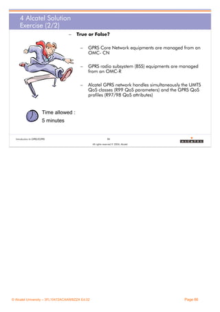 4 Alcatel Solution
Exercise (2/2)
–

True or False?
–

GPRS Core Network equipments are managed from an
OMC- CN

–

GPRS radio subsystem (BSS) equipments are managed
from an OMC-R

–

Alcatel GPRS network handles simultaneously the UMTS
QoS classes (R99 QoS parameters) and the GPRS QoS
profiles (R97/98 QoS attributes)

Time allowed :
5 minutes

Introduction to GPRS/EGPRS

86
All rights reserved © 2004, Alcatel

© Alcatel University – 3FL10472ACAAWBZZA Ed.02

Page 86

 