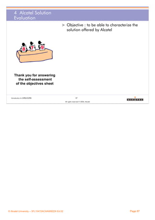 4 Alcatel Solution
Evaluation
> Objective : to be able to characterize the
solution offered by Alcatel

Thank you for answering
the self-assessment
of the objectives sheet

Introduction to GPRS/EGPRS

87
All rights reserved © 2004, Alcatel

© Alcatel University – 3FL10472ACAAWBZZA Ed.02

Page 87

 