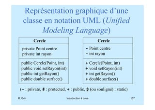 Représentation graphique d’une
    classe en notation UML (Unified
          Modeling Language)
          Cercle                                    Cercle
   private Point centre                       - Point centre
   private int rayon                          - int rayon

  public Cercle(Point, int)                   + Cercle(Point, int)
  public void setRayon(int)                   + void setRayon(int)
  public int getRayon()                       + int getRayon()
  public double surface()                     + double surface()

 (- : private, # : protected, + : public, $ (ou souligné) : static)
R. Grin                       Introduction à Java                     107
 