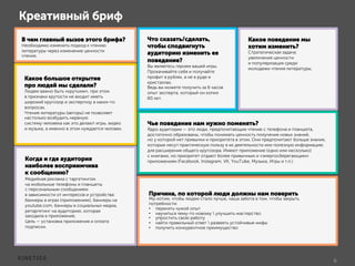 Креативный бриф
6	
  
В чем главный вызов этого брифа?
Необходимо изменить подход к чтению
литературы через изменение ценности
чтения.
Какое большое открытие
про людей мы сделали?
Людям важно быть «крутыми», при этом
в признаки крутости не входит иметь
широкий кругозор и экспертизу в каких-то
вопросах.
Чтение литературы (авторы) не позволяет
настолько возбудить нервную
систему человека как это делают игры, видео
и музыка, а именно в этом нуждается человек.
Что сказать/сделать,
чтобы сподвигнуть
аудиторию изменить ее
поведение?
Вы являетесь героем вашей игры.
Прокачивайте себя и получайте
профит в рублях, а не в руде и
кристаллах.
Ведь вы можете получить за 6 часов
опыт эксперта, который он копил
60 лет.
Когда и где аудитория
наиболее восприимчива
к сообщению?
Медийная реклама с таргетингом
на мобильные телефоны и планшеты
с персональным сообщением
в зависимости от интересов и устройства:
баннеры в играх (приложениях), баннеры на
youtube.com, баннеры в социальных медиа,
ретаргетинг на аудиторию, которая
заходила в приложение.
Цель — установка приложения и оплата
подписки.
Чье поведение нам нужно поменять?
Ядро аудитории — это люди, предпочитающие чтение с телефона и планшета,
достаточно образованы, чтобы понимать ценность получения новых знаний,
но у которой нет привычки и приоритета в этом. Они предпочитают больше знания,
которые несут практическую пользу в их деятельности или полезную информацию
для расширения общего кругозора. Имеют приложение (одно или несколько)
с книгами, но приоритет отдают более привычным и «энергосберегающим»
приложениям (Facebook, Instagram, VK, YouTube, Музыка, Игры и т.п.)
Причина, по которой люди должны нам поверить
Мы хотим, чтобы людям стало лучше, наша забота в том, чтобы закрыть
потребности:
•  перенять чужой опыт
•  научиться чему-то новому  улучшить мастерство
•  упростить свою работу
•  найти правильный ответ  развеять устойчивые мифы
•  получить конкурентное преимущество
Какое поведение мы
хотим изменить?
Стратегическая задача:
увеличение ценности
и популяризация среди
молодежи чтения литературы.
 