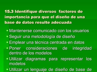 15.3  Identifique diversos  factores de importancia para que el diseño de una base de datos resulte adecuada Mantenerse comunicado con los usuarios Seguir una metodología de diseño Emplear una técnica centrada en datos Poner consideraciones de integridad dentro de los modelos Utilizar diagramas para representar los modelos Utilizar un lenguaje de diseño de base de datos Construir un diccionario de datos para completar los diagramas del modelo de datos 