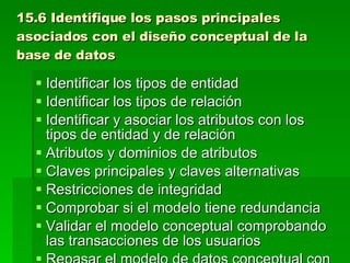 15.6 Identifique los pasos principales asociados con el diseño conceptual de la base de datos Identificar los tipos de entidad Identificar los tipos de relación Identificar y asociar los atributos con los tipos de entidad y de relación Atributos y dominios de atributos Claves principales y claves alternativas  Restricciones de integridad Comprobar si el modelo tiene redundancia Validar el modelo conceptual comprobando las transacciones de los usuarios Repasar el modelo de datos conceptual con los usuarios  