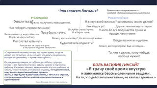 Что гложет Василия?
БОЛЬ ВАСИЛИЯ / ИНСАЙТ
Кем я буду к 30?
Утилитарное Романтическое
Я живу своей жизнью? занимаюсь своим делом?
Как побороть прокрастинацию?
Нужно получить повышение.
Виза кончается, надо обкатать.
Пора съездить за Fairy.
Куда поехать отдыхать?
У кого-то всё получается лучше и
проще, чем у меня
Может, взять ипотеку? Но это 10 лет жизни…
То, что я делаю, кому-нибудь
вообще нужно?
Пора брать тачку.
Может, всё переиграть? Ещё не поздно…
«Я трачу своё время впустую
и занимаюсь бессмысленными вещами.
На то, что действительно важно, не хватает времени.»
Романтические переживания —
наиболее глубокий эмоциональный отклик
Раньше мог не спать всю ночь
а на утро как огурчик.Теперь нет.
Когда-то мечтал о другом.Потолстел чуть-чуть
Друзья стали выглядеть старше.
В клубах стало скучно.
И в барах тоже.
«Современный человек считает, что теряет время, когда не
делает что-то быстро; но он не знает, что делать со временем,
которое он сэкономил, — кроме как его убить.»
От рождения до смерти, от субботы до субботы, с утра до
вечера — все проявления жизни заданы заранее и подчинены
шаблону. Как может человек, захваченный в эту сеть шаблона, не
забыть, что он человек, уникальный индивид, тот единственный,
кому дан его единственный шанс прожить
жизнь, с надеждами и разочарованиями, с печалью и страхом,
со стремлением любить и ужасом перед уничтожением и
одиночеством?
ЭрихФромм. Искусство любить.
Уволиться?
 