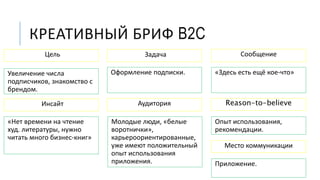КРЕАТИВНЫЙ БРИФ B2C
Увеличение числа
подписчиков, знакомство с
брендом.
Оформление подписки.
Reason-to-believe
Опыт использования,
рекомендации.
Место коммуникации
Цель
Аудитория
Задача
Молодые люди, «белые
воротнички»,
карьероориентированные,
уже имеют положительный
опыт использования
приложения.
Инсайт
«Нет времени на чтение
худ. литературы, нужно
читать много бизнес-книг»
Сообщение
«Здесь есть ещё кое-что»
Приложение.
 