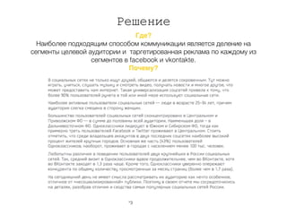 Решение
Где?
Наиболее подходящим способом коммуникации является деление на
сегменты целевой аудитории и таргетированная реклама по каждому из
сегментов в facebook и vkontakte.
Почему?
*3
 