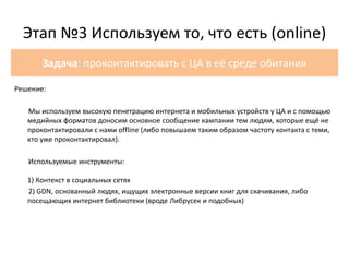 Решение:
Решение:
Мы используем высокую пенетрацию интернета и мобильных устройств у ЦА и с помощью
медийных форматов доносим основное сообщение кампании тем людям, которые ещё не
проконтактировали с нами offline (либо повышаем таким образом частоту контакта с теми,
кто уже проконтактировал).
Используемые инструменты:
1) Контекст в социальных сетях
2) GDN, основанный людях, ищущих электронные версии книг для скачивания, либо
посещающих интернет библиотеки (вроде Либрусек и подобных)
Этап №3 Используем то, что есть (online)
Задача: проконтактировать с ЦА в её среде обитания
 
