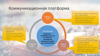 Коммуникационная платформа
Key Message
Bookmate –
платформа для тех,
кто ищет по-
настоящему
интересного друга
для саморазвития
Category
Truth
Brand
Truth
Consumer
Truth
• Стремятся к саморазвитию и
ищут источники интересной
информации
• Открыты ко всему новому
• Понимают, что порой сложно
найти что-то действительно
стоящее
• Основные конкуренты: социальные
сети и тайм-киллеры
• Содержат много лишней и пустой
информации, которая забивает
голову, отнимает время и не
способствует саморазвитию
• Доступ к неограниченному
количеству книг на разные темы
и на разных языках
• Удобное и простое
использование: чтение co
смартфона, планшета или сайта
• Возможность следить за тем,
какие книги читают друзья
 