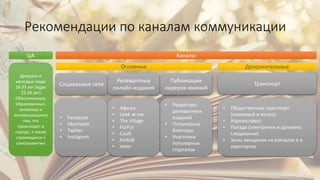 Рекомендации по каналам коммуникации
Социальные сети
Релевантные
онлайн-издания
Транспорт
• Общественные транспорт
(наземный и метро)
• Аэроэкспресс
• Поезда (электрички и дальнего
следования)
• Зоны ожидания на вокзалах и в
аэропортах
КаналыЦА
Девушки и
молодые люди
16-33 лет (ядро
25-28 лет)
Обеспеченные,
образованные,
активные и
интересующиеся
тем, что
происходит в
городе, а также
стремящиеся к
саморазвитию
Публикации
лидеров мнений
• Редакторы
релевантных
изданий
• Популярные
блоггеры
• Участники
популярных
стартапов
• Афиша
• Look at me
• The Village
• FurFur
• Сноб
• Kinfolk
• Veter
• Facebook
• Vkontakte
• Twitter
• Instagram
Основные Дополнительные
 