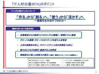 Copyright ©2014 MBC (Method Based Consulting) IPA： 「IT人材白書2014」概要 （2014.4） All Rights Reserved. 
5 
 