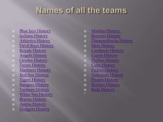Names of all the teamsBlue Jays HistoryIndians HistoryAthletics HistoryDevil Rays HistoryRoyals HistoryAngels HistoryOrioles HistoryTwins HistoryMariners HistoryRed Sox HistoryTigers HistoryRangers HistoryYankees HistoryWhite Sox HistoryBraves HistoryAstros HistoryDodgers HistoryMarlins History Brewers HistoryDiamondbacks HistoryMets HistoryCardinals HistoryGiants HistoryPhillies HistoryCubs HistoryPadres HistoryNationals HistoryPirates HistoryRockies HistoryReds History 