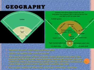GEOGRAPHY
 Baseball ‘diamond’: three bases and home plateBaseball ‘diamond’: three bases and home plate
 Infield and outfield; fair and foul territoryInfield and outfield; fair and foul territory
 Nine players (location): Pitcher (mound), catcher (behind home plate), firstNine players (location): Pitcher (mound), catcher (behind home plate), first
baseman (infield right side), second baseman (infield right-center), shortstopbaseman (infield right side), second baseman (infield right-center), shortstop
(infield left-center), third baseman (infield left side), left fielder (outfield left side),(infield left-center), third baseman (infield left side), left fielder (outfield left side),
center fielder (outfield center), right fielder (outfield right side)center fielder (outfield center), right fielder (outfield right side)
 Four umpires (referees): Home plate, first base, second base, third baseFour umpires (referees): Home plate, first base, second base, third base
 