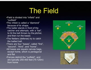 The Field
•Field is divided into “infield” and
“outfield”
•The infield is called a “diamond”
because of its shape.
•The batter stands in front of the
catcher and attempts, with a “bat”,
to hit the ball thrown by the pitcher,
and then run the bases
•The fielders (defense) try to catch
the batted ball.
•There are four “bases”, called “first”,
“second”, “third”, and “home”.
•All bases are square canvas bags,
except home, which is pentagonal
and flat
•Fences delimit the “outfield”, and
are typically 250-400 feet (75-125m)
from home
 