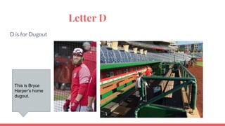 Letter D
D is for Dugout
This is Bryce
Harper’s home
dugout.
 