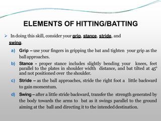 ELEMENTS OF HITTING/BATTING
 In doing this skill, consider your grip, stance, stride, and
swing.
a) Grip – use your fingers in gripping the bat and tighten your grip as the
ballapproaches.
b) Stance - proper stance includes slightly bending your knees, feet
parallel to the plates in shoulder width distance, and bat tilted at 45°
and not positioned over the shoulder.
c) Stride – as the ball approaches, stride the right foot a little backward
to gain momentum.
d) Swing – after a little stride backward, transfer the strength generated by
the body towards the arms to bat as it swings parallel to the ground
aiming at the ball and directing it to the intendeddestination.
 