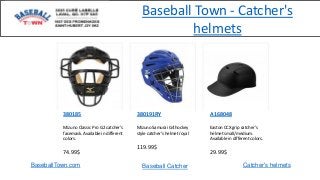 BaseballTown.com Baseball Catcher Catcher's helmets
380185
Mizuno Classic Pro G2 catcher's
facemask. Available in different
colors.
74.99$
380191RY
Mizuno Samurai G4 hockey
style catcher's helmet royal
119.99$
A168048
Easton CCX grip catcher's
helmet small/medium.
Available in different colors.
29.99$
Baseball Town - Catcher's
helmets
 