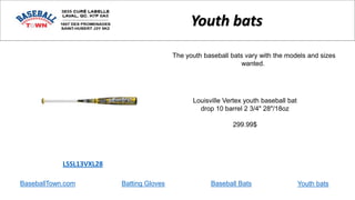 BaseballTown.com Batting Gloves Baseball Bats
Louisville Vertex youth baseball bat
drop 10 barrel 2 3/4" 28"/18oz
299.99$
LSSL13VXL28
Youth bats
The youth baseball bats vary with the models and sizes
wanted.
Youth bats
 