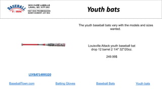 BaseballTown.com Batting Gloves Baseball Bats
Louisville Attack youth baseball bat
drop 12 barrel 2 1/4" 32"/20oz.
249.99$
LSYBAT14RR320
Youth bats
The youth baseball bats vary with the models and sizes
wanted.
Youth bats
 