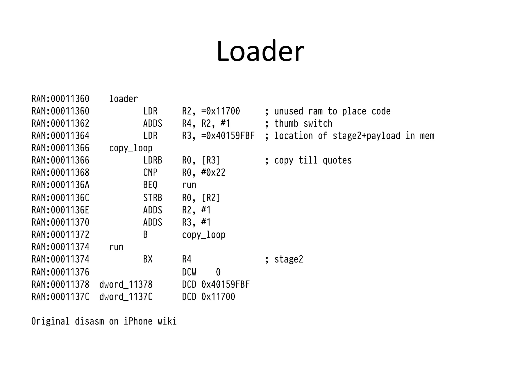Loader	
  
RAM:00011360    loader
RAM:00011360           LDR       R2, =0x11700      ; unused ram to place code
RAM:00011362           ADDS      R4, R2, #1        ; thumb switch
RAM:00011364           LDR       R3, =0x40159FBF   ; location of stage2+payload in mem
RAM:00011366    copy_loop
RAM:00011366           LDRB      R0, [R3]          ; copy till quotes
RAM:00011368           CMP       R0, #0x22
RAM:0001136A           BEQ       run
RAM:0001136C           STRB      R0, [R2]
RAM:0001136E           ADDS      R2, #1
RAM:00011370           ADDS      R3, #1
RAM:00011372           B         copy_loop
RAM:00011374    run
RAM:00011374           BX        R4                ; stage2
RAM:00011376                     DCW    0
RAM:00011378   dword_11378       DCD 0x40159FBF
RAM:0001137C   dword_1137C       DCD 0x11700

Original disasm on iPhone wiki
 