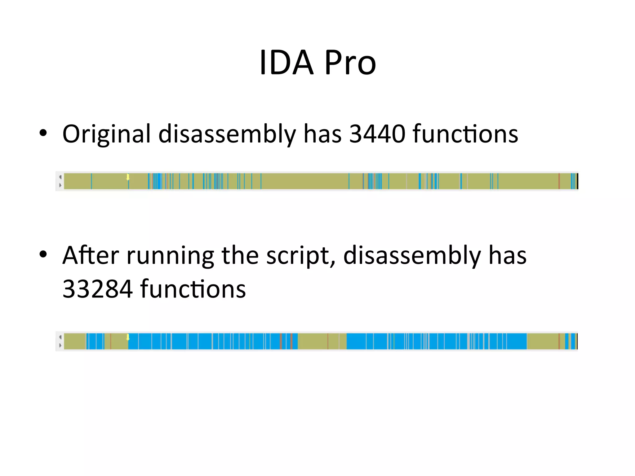 IDA	
  Pro	
  
•  Original	
  disassembly	
  has	
  3440	
  func4ons	
  
	
  

•  Ater	
  running	
  the	
  script,	
  disassembly	
  has	
  
   33284	
  func4ons	
  

	
  
 
