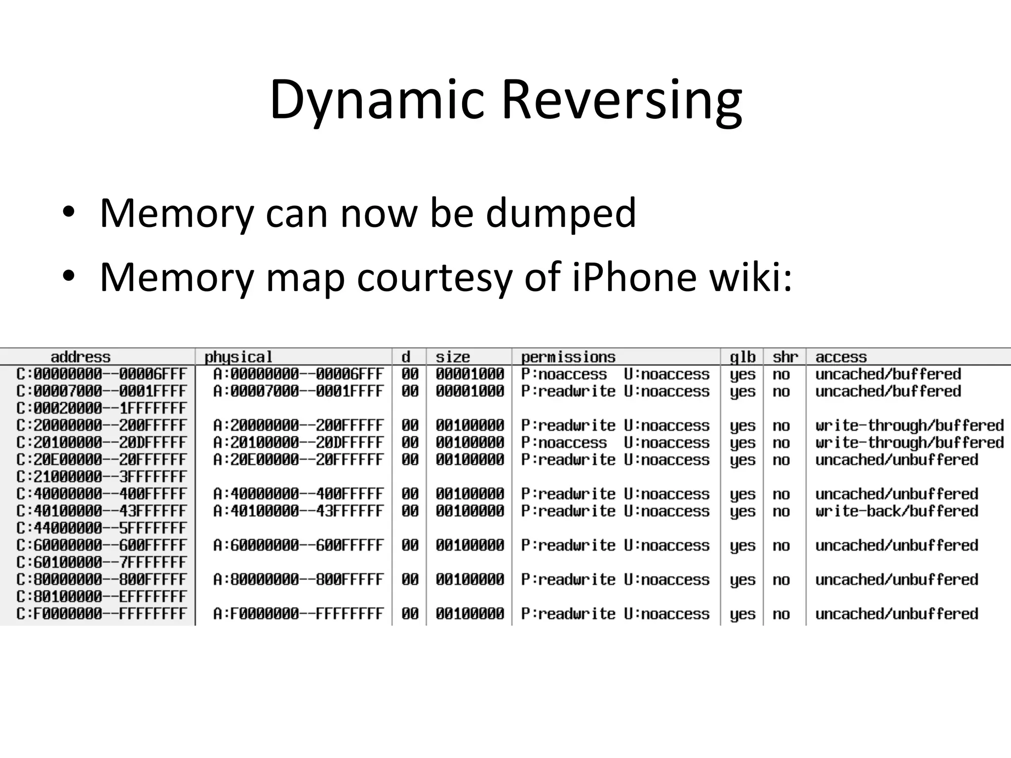 Dynamic	
  Reversing	
  
•  Memory	
  can	
  now	
  be	
  dumped	
  
•  Memory	
  map	
  courtesy	
  of	
  iPhone	
  wiki:	
  
 