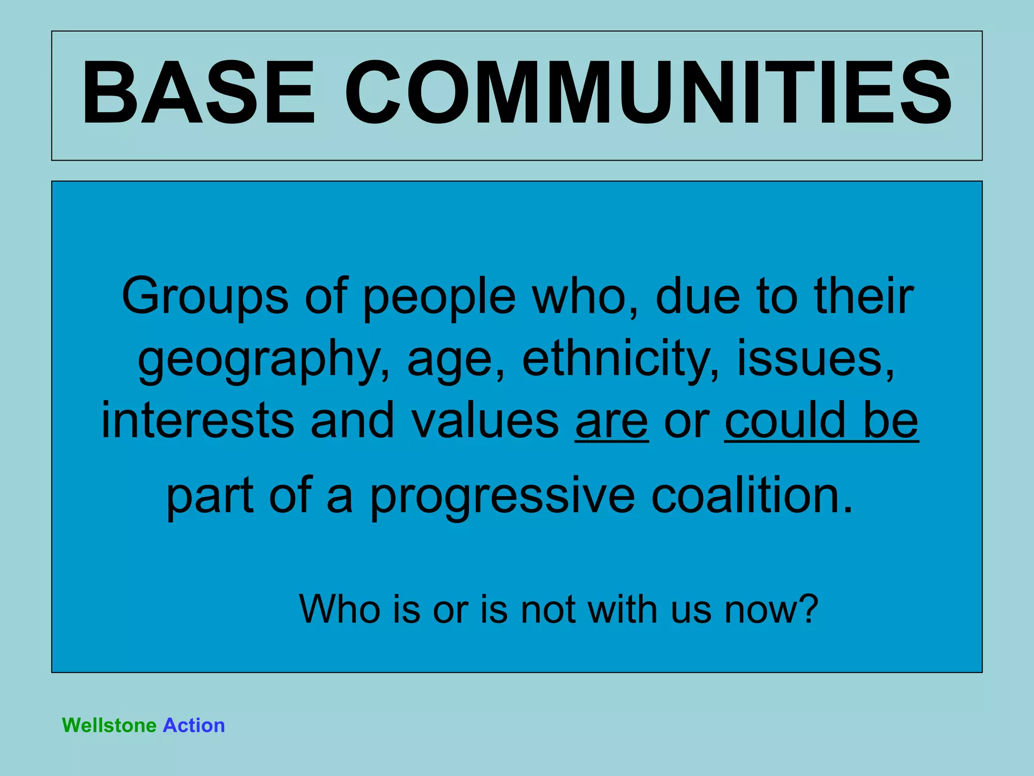 Groups of people who, due to their geography, age, ethnicity, issues, interests and values  are  or  could be   part of a progressive coalition.  Who is or is not with us now? BASE COMMUNITIES Wellstone   Action 