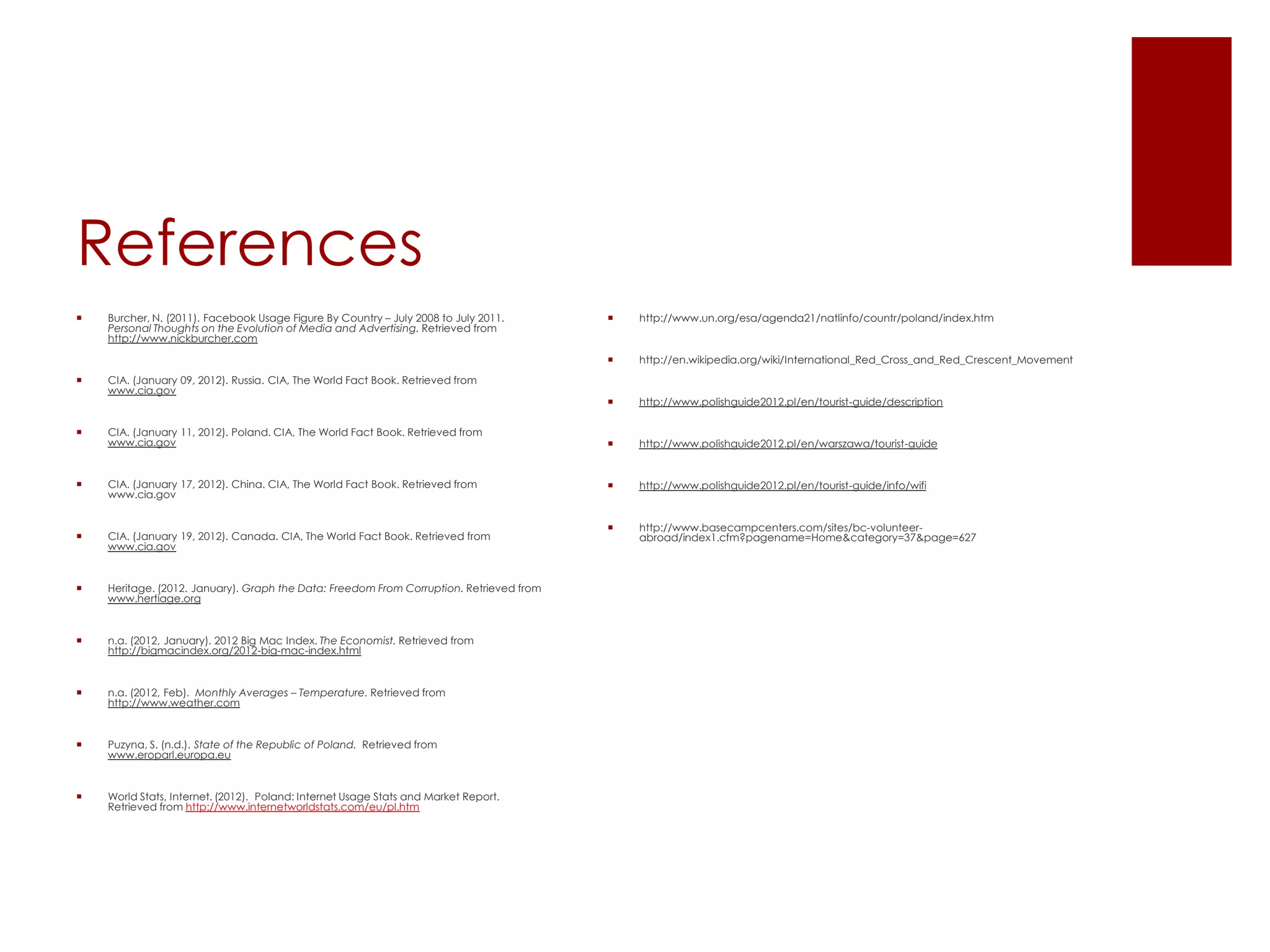 References
   Burcher, N. (2011). Facebook Usage Figure By Country – July 2008 to July 2011.          http://www.un.org/esa/agenda21/natlinfo/countr/poland/index.htm
    Personal Thoughts on the Evolution of Media and Advertising. Retrieved from
    http://www.nickburcher.com

                                                                                            http://en.wikipedia.org/wiki/International_Red_Cross_and_Red_Crescent_Movement
   CIA. (January 09, 2012). Russia. CIA, The World Fact Book. Retrieved from
    www.cia.gov
                                                                                            http://www.polishguide2012.pl/en/tourist-guide/description

   CIA. (January 11, 2012). Poland. CIA, The World Fact Book. Retrieved from
    www.cia.gov                                                                             http://www.polishguide2012.pl/en/warszawa/tourist-guide


   CIA. (January 17, 2012). China. CIA, The World Fact Book. Retrieved from                http://www.polishguide2012.pl/en/tourist-guide/info/wifi
    www.cia.gov


                                                                                            http://www.basecampcenters.com/sites/bc-volunteer-
   CIA. (January 19, 2012). Canada. CIA, The World Fact Book. Retrieved from                abroad/index1.cfm?pagename=Home&category=37&page=627
    www.cia.gov


   Heritage. (2012. January). Graph the Data: Freedom From Corruption. Retrieved from
    www.hertiage.org


   n.a. (2012, January). 2012 Big Mac Index. The Economist. Retrieved from
    http://bigmacindex.org/2012-big-mac-index.html


   n.a. (2012, Feb). Monthly Averages – Temperature. Retrieved from
    http://www.weather.com


   Puzyna, S. (n.d.). State of the Republic of Poland. Retrieved from
    www.eroparl.europa.eu


   World Stats, Internet. (2012). Poland: Internet Usage Stats and Market Report.
    Retrieved from http://www.internetworldstats.com/eu/pl.htm
 