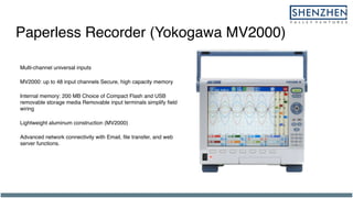 Paperless Recorder (Yokogawa MV2000)
Multi-channel universal inputs
MV2000: up to 48 input channels Secure, high capacity memory
Internal memory: 200 MB Choice of Compact Flash and USB
removable storage media Removable input terminals simplify field
wiring
Lightweight aluminum construction (MV2000)
Advanced network connectivity with Email, file transfer, and web
server functions.
 