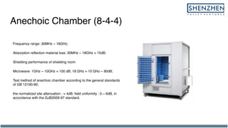 Anechoic Chamber (8-4-4)
Frequency range: 30MHz ~ 18GHz;
Absorption reflection material loss: 30MHz ~ 18GHz = 15dB;
Shielding performance of shielding room
Microwave: 1GHz ~ 10GHz = 100 dB; 18 GHz = 10 GHz ~ 90dB;
Test method of anechoic chamber according to the general standards
of GB 12190-90;
the normalized site attenuation : + 4dB, field uniformity : 0 ~ 6dB, in
accordance with the GJB2926-97 standard.
 