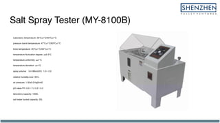 Salt Spray Tester (MY-8100B)
Laboratory temperature: 35℃±1℃/50℃±1℃
pressure barrel temperature: 47℃±1℃/63℃±1℃
brine temperature: 35℃±1℃/50℃±1℃
temperature fluctuation degree: ≤±0.5℃
temperature uniformity: ≤±1℃
temperature deviation: ≤±1℃
spray volume: m1/80cm2/h 1.0 2.0
relative humidity:over 85%
air pressure: 1.00±0.01kgf/cm2
pH value PH: 6.5 7.2 3.0 3.3
laboratory capacity: 1000L
salt water bucket capacity: 20L
 