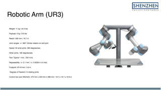 Robotic Arm (UR3)
Weight: 11 kg / 24.3 lbs
Payload: 3 kg / 6.6 lbs
Reach: 500 mm / 19.7 in
Joint ranges: +/- 360° Infinite rotation on end joint
Speed: All wrist joints: 360 degrees/sec.
Other joints: 180 degrees/sec.
Tool: Typical 1 m/s. / 39.4 in/s.
Repeatability: +/- 0.1 mm / +/- 0.0039 in (4 mils)
Footprint: Ø118 mm / 4.6 in
Degrees of freedom: 6 rotating joints
Control box size (WxHxD): 475 mm x 423 mm x 268 mm / 18.7 x 16.7 x 10.6 in
 