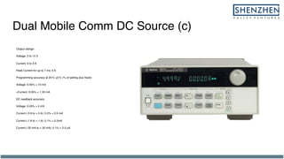 Dual Mobile Comm DC Source (c)
Output ratings:
Voltage: 0 to 15 V
Current: 0 to 3 A
Peak Current for up to 7 ms: 5 A
Programming accuracy at 25°C ±5°C (% of setting plus fixed):
Voltage: 0.05% + 10 mV
+Current: 0.05% + 1.33 mA
DC readback accuracy:
Voltage: 0.03% + 5 mV
Current (-3 A to + 5 A): 0.2% + 0.5 mA
Current (-1 A to + 1 A): 0.1% + 0.2mA
Current (-20 mA to + 20 mA): 0.1% + 2.5 µA
 