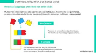 Muitas moléculas orgânicas são gigantes (macromoléculas). Geralmente são polímeros,
ou seja, moléculas resultantes da ligação química entre pequenas moléculas (monómeros).
Monómeros
Reações de síntese levam à polimerização.
A molécula vai crescendo progressivamente.
Um polímero pode sofrer reações de hidrólise,
que o decompõem nos seus monómeros constituintes
(como acontece na digestão dos alimentos).
Moléculas orgânicas presentes nos seres vivos
COMPOSIÇÃO QUÍMICA DOS SERES VIVOS
Polímero
 