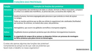 FUNÇÕES DAS PROTEÍNAS
Função Exemplos de funções das proteínas
Estrutural São componentes das membranas de todas as células, formam as fibras musculares, compõem
as unhas e os cabelos dos mamíferos, as penas das aves, as escamas dos répteis, etc.
Hormonal Insulina humana, hormona segregada pelo pâncreas e que controla os níveis de açúcar
no sangue.
Enzimática Todas as reações químicas que se dão nas células (e organismos) são catalisadas (facilitadas)
por enzimas. As enzimas, na maioria dos casos, são proteínas.
Transporte Hemoglobina, que ocorre nos glóbulos vermelhos e transporta oxigénio.
Defesa Os glóbulos brancos produzem proteínas que vão eliminar microrganismos invasores.
Proteção A coagulação do sangue dá-se porque as plaquetas iniciam um processo de montagem
de fibras proteicas que põem termo às hemorragias.
E estas são apenas algumas das funções das proteínas!
Compreende-se porque se diz que «são as proteínas que
fazem todo o trabalho no nosso organismo»!
 