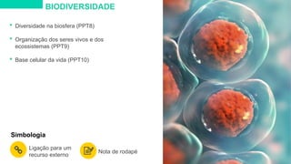  Diversidade na biosfera (PPT8)
 Organização dos seres vivos e dos
ecossistemas (PPT9)
 Base celular da vida (PPT10)
BIODIVERSIDADE
Simbologia
Ligação para um
recurso externo
Nota de rodapé
 