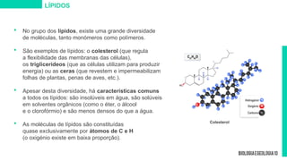  No grupo dos lípidos, existe uma grande diversidade
de moléculas, tanto monómeros como polímeros.
 São exemplos de lípidos: o colesterol (que regula
a flexibilidade das membranas das células),
os triglicerídeos (que as células utilizam para produzir
energia) ou as ceras (que revestem e impermeabilizam
folhas de plantas, penas de aves, etc.).
 Apesar desta diversidade, há características comuns
a todos os lípidos: são insolúveis em água, são solúveis
em solventes orgânicos (como o éter, o álcool
e o clorofórmio) e são menos densos do que a água.
 As moléculas de lípidos são constituídas
quase exclusivamente por átomos de C e H
(o oxigénio existe em baixa proporção).
LÍPIDOS
Colesterol
Hidrogénio
Oxigénio
Carbono
 