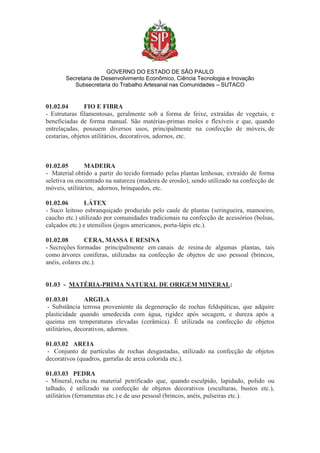 GOVERNO DO ESTADO DE SÃO PAULO
Secretaria de Desenvolvimento Econômico, Ciência Tecnologia e Inovação
Subsecretaria do Trabalho Artesanal nas Comunidades – SUTACO
01.02.04 FIO E FIBRA
- Estruturas filamentosas, geralmente sob a forma de feixe, extraídas de vegetais, e
beneficiadas de forma manual. São matérias-primas moles e flexíveis e que, quando
entrelaçadas, possuem diversos usos, principalmente na confecção de móveis, de
cestarias, objetos utilitários, decorativos, adornos, etc.
01.02.05 MADEIRA
- Material obtido a partir do tecido formado pelas plantas lenhosas, extraído de forma
seletiva ou encontrado na natureza (madeira de erosão), sendo utilizado na confecção de
móveis, utilitários, adornos, brinquedos, etc.
01.02.06 LÁTEX
- Suco leitoso esbranquiçado produzido pelo caule de plantas (seringueira, mamoeiro,
caucho etc.) utilizado por comunidades tradicionais na confecção de acessórios (bolsas,
calçados etc.) e utensílios (jogos americanos, porta-lápis etc.).
01.02.08 CERA, MASSA E RESINA
- Secreções formadas principalmente em canais de resina de algumas plantas, tais
como árvores coníferas, utilizadas na confecção de objetos de uso pessoal (brincos,
anéis, colares etc.).
01.03 - MATÉRIA-PRIMA NATURAL DE ORIGEM MINERAL:
01.03.01 ARGILA
- Substância terrosa proveniente da degeneração de rochas feldspáticas, que adquire
plasticidade quando umedecida com água, rigidez após secagem, e dureza após a
queima em temperaturas elevadas (cerâmica). É utilizada na confecção de objetos
utilitários, decorativos, adornos.
01.03.02 AREIA
- Conjunto de partículas de rochas desgastadas, utilizado na confecção de objetos
decorativos (quadros, garrafas de areia colorida etc.).
01.03.03 PEDRA
- Mineral, rocha ou material petrificado que, quando esculpido, lapidado, polido ou
talhado, é utilizado na confecção de objetos decorativos (esculturas, bustos etc.),
utilitários (ferramentas etc.) e de uso pessoal (brincos, anéis, pulseiras etc.).
 