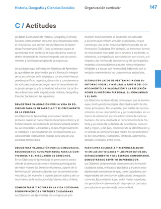 Historia, Geografía y Ciencias Sociales 147
Organización curricular
C / Actitudes
Las Bases Curriculares de Historia, Geografía y Ciencias
Sociales promueven un conjunto de actitudes para todo
el ciclo básico, que derivan de los Objetivos de Apren-
dizaje Transversales (OAT). Dada su relevancia para el
aprendizaje en el contexto de cada disciplina, estas se
deben desarrollar de manera integrada con los conoci-
mientos y habilidades propios de la asignatura.
Las actitudes aquí definidas son Objetivos de Aprendiza-
je, que deben ser promovidos para la formación integral
de los estudiantes en la asignatura. Los establecimientos
pueden planificar, organizar, desarrollar y complementar
las actitudes propuestas, según sean las necesidades de
su propio proyecto y de su realidad educativa. Las actitu-
des a desarrollar en la asignatura de Historia, Geografía y
Ciencias Sociales son las siguientes:
Demostrar valoración por la vida en so-
ciedad para el desarrollo y el crecimiento
de la persona.
Los Objetivos de Aprendizaje promueven desde los
primeros niveles el conocimiento del propio entorno y el
fortalecimiento de los lazos de pertenencia hacia la fami-
lia, la comunidad, la localidad y el país. Progresivamente
se introduce a los estudiantes en el conocimiento y la
valoración de instituciones propias de la vida en una
sociedad democrática.
Demostrar valoración por la democracia,
reconociendo su importancia para la con-
vivencia y el resguardo de derechos.
En los Objetivos de Aprendizaje se promueve la valora-
ción de la democracia como el sistema que resguarda
de mejor manera los Derechos Humanos, a partir de la
familiarización de los estudiantes con la convivencia de-
mocrática, del incentivo a la participación activa y del co-
nocimiento de la institucionalidad democrática chilena.
Comportarse y actuar en la vida cotidiana
según principios y virtudes ciudadanas.
Los Objetivos de Aprendizaje de la asignatura pro-
mueven explícitamente el desarrollo de actitudes
y acciones que reflejen virtudes ciudadanas, lo que
constituye una de las líneas fundamentales del eje de
Formación Ciudadana. Por ejemplo, se fomentan formas
de relacionarse marcadas por el respeto a los demás, la
tolerancia, la empatía y la consideración por el otro, y el
respeto a las normas de convivencia y de participación,
instando a los estudiantes a asumir roles y responsa-
bilidades y a actuar con honestidad, hablando con la
verdad y manteniendo los compromisos adquiridos.
Establecer lazos de pertenencia con su
entorno social y natural a partir del co-
nocimiento, la valoración y la reflexión
sobre su historia personal, su comunidad
y el país.
Los Objetivos de Aprendizaje promueven que el alumno
vaya construyendo su propia identidad a partir de dos
líneas principales. Por una parte, por medio del recono-
cimiento de sus características y particularidades, en un
marco de valoración por el carácter único de cada ser
humano. Por otra, mediante el conocimiento de la his-
toria y la cultura de su familia, de su entorno, comuni-
dad y región, y del país, promoviendo la identificación y
el sentido de pertenencia por medio del reconocimien-
to de costumbres, tradiciones, símbolos, patrimonio,
paisajes y trabajos, entre otros.
Participar solidaria y responsablemen-
te en las actividades y los proyectos del
establecimiento y del espacio comunitario,
demostrando espíritu emprendedor.
Los Objetivos de Aprendizaje promueven una formación
ciudadana activa, enfocada a la práctica y a que los estu-
diantes sean conscientes de que, como ciudadanos, son
responsables del bien común y del cuidado de espacios
comunes. Esto va dando lugar, en los niveles superiores,
a la gestación e implementación de proyectos concretos
para solucionar problemas de la comunidad.
 