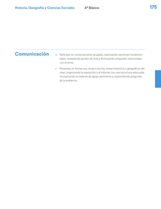 Historia, Geografía y Ciencias Sociales 175
Comunicación m	 Participar en conversaciones grupales, expresando opiniones fundamen-
tadas, respetando puntos de vista y formulando preguntas relacionadas
con el tema.
n	 Presentar, en forma oral, visual o escrita, temas históricos o geográficos del
nivel, organizando la exposición o el informe con una estructura adecuada,
incorporando el material de apoyo pertinente y respondiendo preguntas
de la audiencia.
6º Básico
 