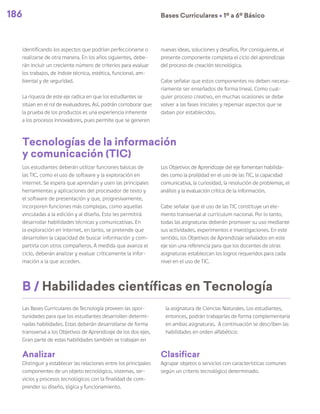186 Bases Curriculares Ú 1º a 6º Básico
Clasificar
Agrupar objetos o servicios con características comunes
según un criterio tecnológico determinado.
identificando los aspectos que podrían perfeccionarse o
realizarse de otra manera. En los años siguientes, debe-
rán incluir un creciente número de criterios para evaluar
los trabajos, de índole técnica, estética, funcional, am-
biental y de seguridad.
La riqueza de este eje radica en que los estudiantes se
sitúan en el rol de evaluadores. Así, podrán corroborar que
la prueba de los productos es una experiencia inherente
a los procesos innovadores, pues permite que se generen
nuevas ideas, soluciones y desafíos. Por consiguiente, el
presente componente completa el ciclo del aprendizaje
del proceso de creación tecnológica.
Cabe señalar que estos componentes no deben necesa-
riamente ser enseñados de forma lineal. Como cual-
quier proceso creativo, en muchas ocasiones se debe
volver a las fases iniciales y repensar aspectos que se
daban por establecidos.
Tecnologías de la información
y comunicación (TIC)
Los estudiantes deberán utilizar funciones básicas de
las TIC, como el uso de software y la exploración en
internet. Se espera que aprendan y usen las principales
herramientas y aplicaciones del procesador de texto y
el software de presentación y que, progresivamente,
incorporen funciones más complejas, como aquellas
vinculadas a la edición y al diseño. Esto les permitirá
desarrollar habilidades técnicas y comunicativas. En
la exploración en internet, en tanto, se pretende que
desarrollen la capacidad de buscar información y com-
partirla con otros compañeros. A medida que avanza el
ciclo, deberán analizar y evaluar críticamente la infor-
mación a la que acceden.
Los Objetivos de Aprendizaje del eje fomentan habilida-
des como la prolijidad en el uso de las TIC, la capacidad
comunicativa, la curiosidad, la resolución de problemas, el
análisis y la evaluación crítica de la información.
Cabe señalar que el uso de las TIC constituye un ele-
mento transversal al currículum nacional. Por lo tanto,
todas las asignaturas deberán promover su uso mediante
sus actividades, experimentos e investigaciones. En este
sentido, los Objetivos de Aprendizaje señalados en este
eje son una referencia para que los docentes de otras
asignaturas establezcan los logros requeridos para cada
nivel en el uso de TIC.
B / Habilidades científicas en Tecnología
Las Bases Curriculares de Tecnología proveen las opor-
tunidades para que los estudiantes desarrollen determi-
nadas habilidades. Estas deberán desarrollarse de forma
transversal a los Objetivos de Aprendizaje de los dos ejes.
Gran parte de estas habilidades también se trabajan en
Analizar
Distinguir y establecer las relaciones entre los principales
componentes de un objeto tecnológico, sistemas, ser-
vicios y procesos tecnológicos con la finalidad de com-
prender su diseño, lógica y funcionamiento.
la asignatura de Ciencias Naturales. Los estudiantes,
entonces, podrán trabajarlas de forma complementaria
en ambas asignaturas. A continuación se describen las
habilidades en orden alfabético:
 