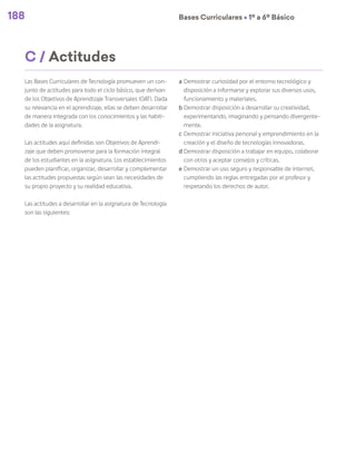 188 Bases Curriculares Ú 1º a 6º Básico
Las Bases Curriculares de Tecnología promueven un con-
junto de actitudes para todo el ciclo básico, que derivan
de los Objetivos de Aprendizaje Transversales (OAT). Dada
su relevancia en el aprendizaje, ellas se deben desarrollar
de manera integrada con los conocimientos y las habili-
dades de la asignatura.
Las actitudes aquí definidas son Objetivos de Aprendi-
zaje que deben promoverse para la formación integral
de los estudiantes en la asignatura. Los establecimientos
pueden planificar, organizar, desarrollar y complementar
las actitudes propuestas según sean las necesidades de
su propio proyecto y su realidad educativa.
Las actitudes a desarrollar en la asignatura de Tecnología
son las siguientes:
a	Demostrar curiosidad por el entorno tecnológico y
disposición a informarse y explorar sus diversos usos,
funcionamiento y materiales.
b	Demostrar disposición a desarrollar su creatividad,
experimentando, imaginando y pensando divergente-
mente.
c	Demostrar iniciativa personal y emprendimiento en la
creación y el diseño de tecnologías innovadoras.
d	Demostrar disposición a trabajar en equipo, colaborar
con otros y aceptar consejos y críticas.
e	Demostrar un uso seguro y responsable de internet,
cumpliendo las reglas entregadas por el profesor y
respetando los derechos de autor.
C / Actitudes
 